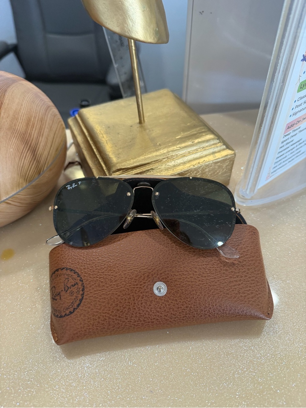 Ray-Ban Black Lens Aviator Sunglasses with Brown Leather Case